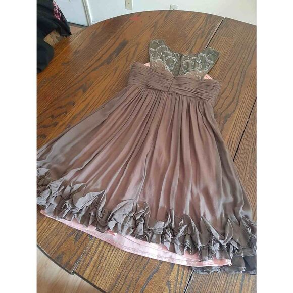 Size 2 Decode Brown Peach Ruffled Hem Rhinestone Mini Dress Christmas New Years - Picture 7 of 10